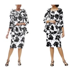 Ashro Peplum Classic Business Formal Skirt Set Black White Summer Church Suit